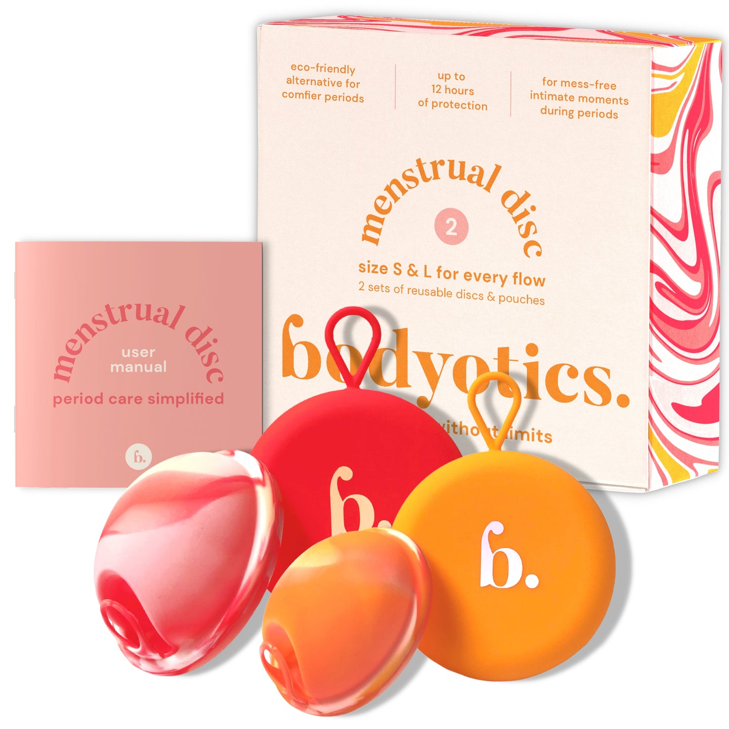 Bodyotics Menstruationsscheiben-Set mit zwei wiederverwendbaren Discs in stylischen Farben, praktischen Aufbewahrungstaschen und Nutzerhandbuch.