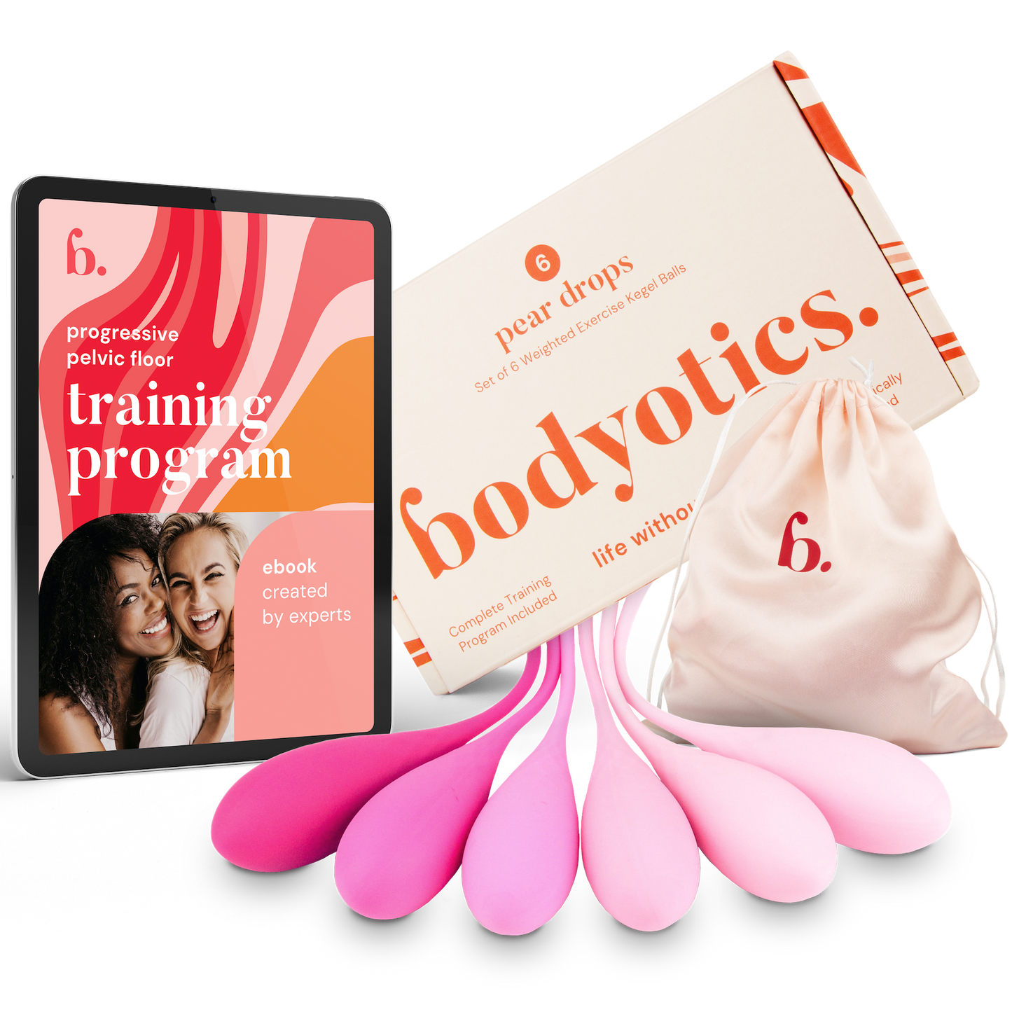 Bodyotics Kegel Trainingsset mit 6 Gewichten, Trainingsprogramm auf Tablet, Geschenkverpackung und Aufbewahrungsbeutel für effektives Beckenbodentraining.