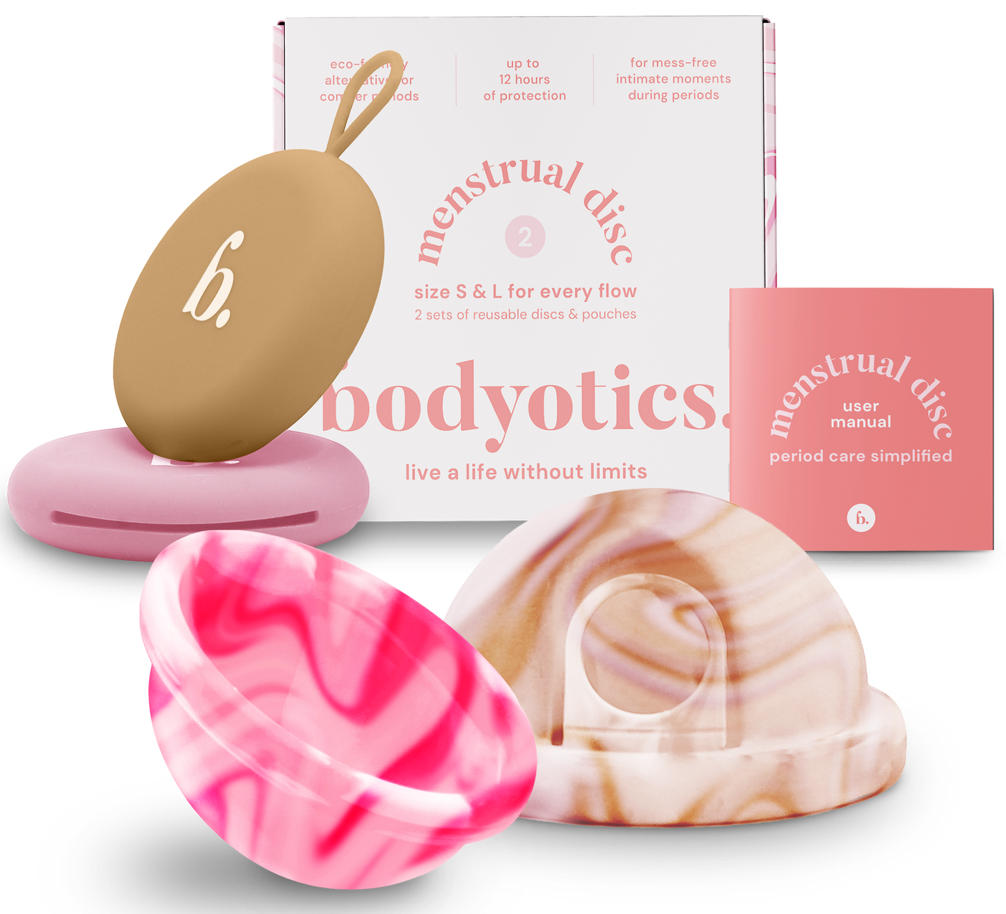 Bodyotics Menstrual Disc Set in Marmor-Optik mit zwei wiederverwendbaren Perioden-Scheiben, stylischen Aufbewahrungstaschen und Benutzerhandbuch – sicher, bequem und nachhaltig.