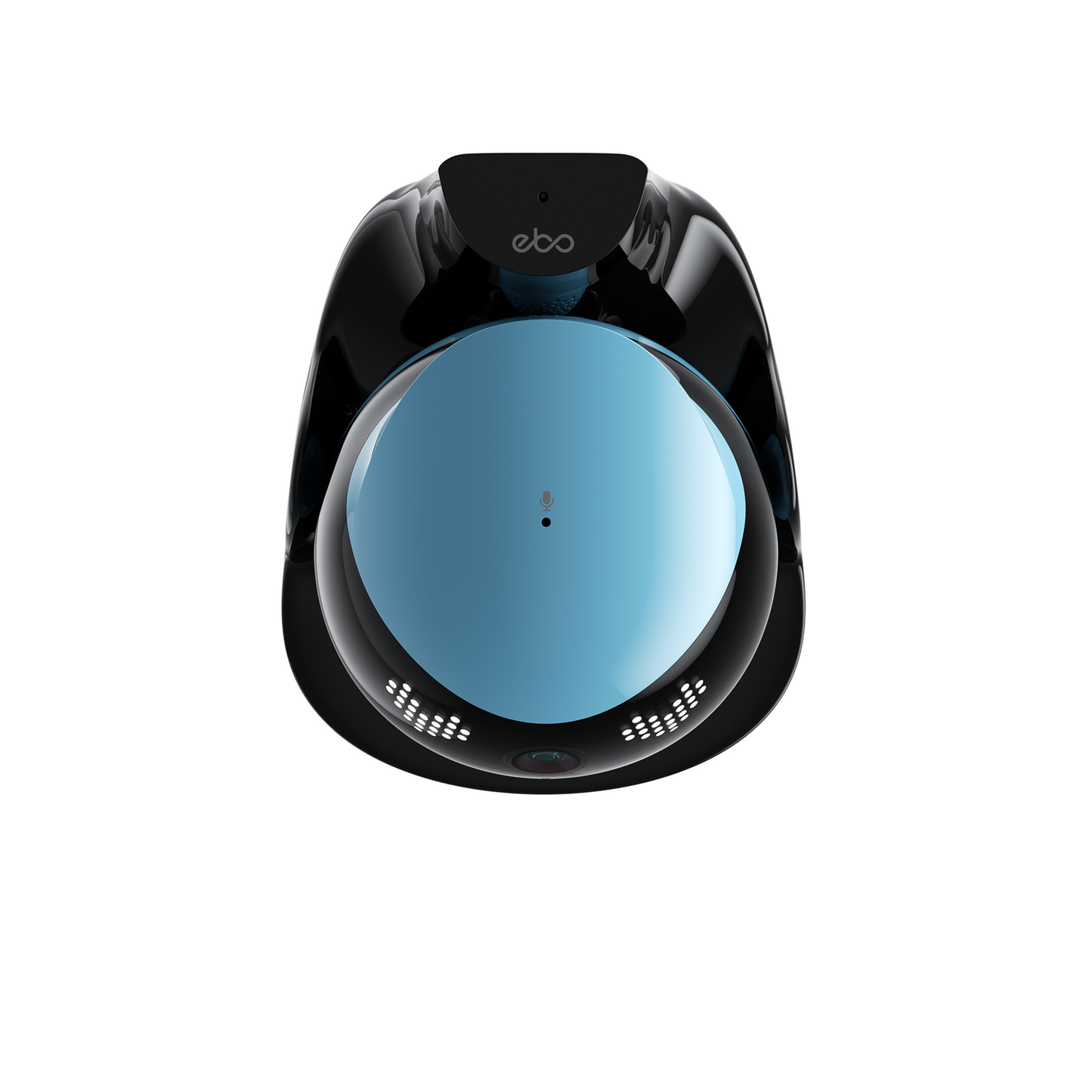 EBO Air 2 Jay Blue – Draufsicht des smarten Haustierroboters in schwarzer Ladestation, mit Mikrofonöffnung und LED-Anzeige, in Blau-Schwarz