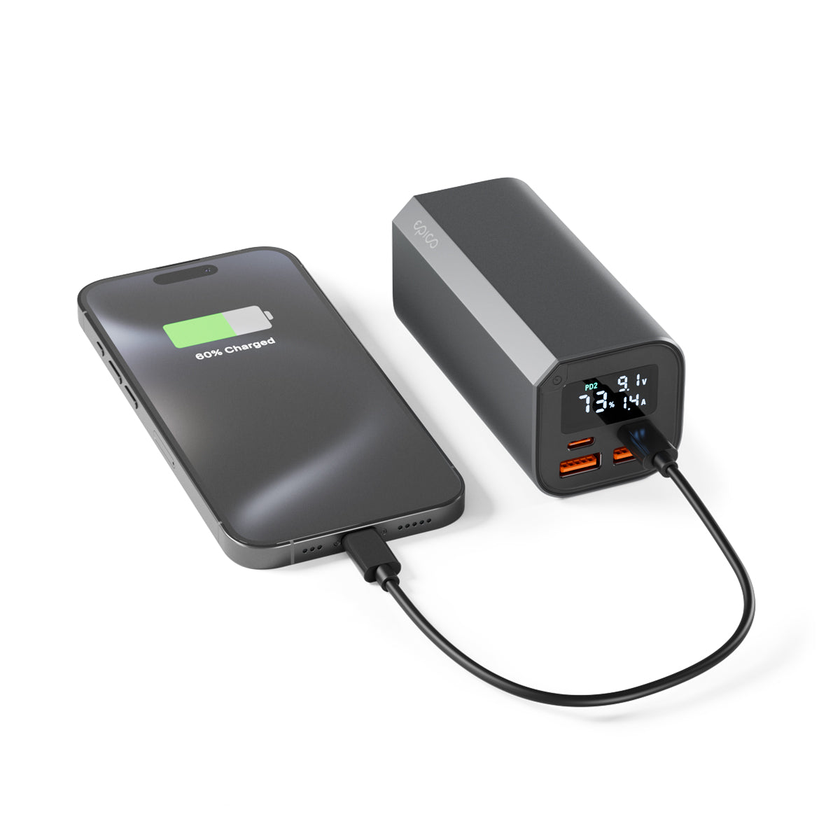 Epico Aluminium Power Bank 20000mAh – Hochleistungs-Powerbank mit USB-C PD 100 W, 4 Anschlüssen und LED-Display, Space Grey liegend mit iPhone