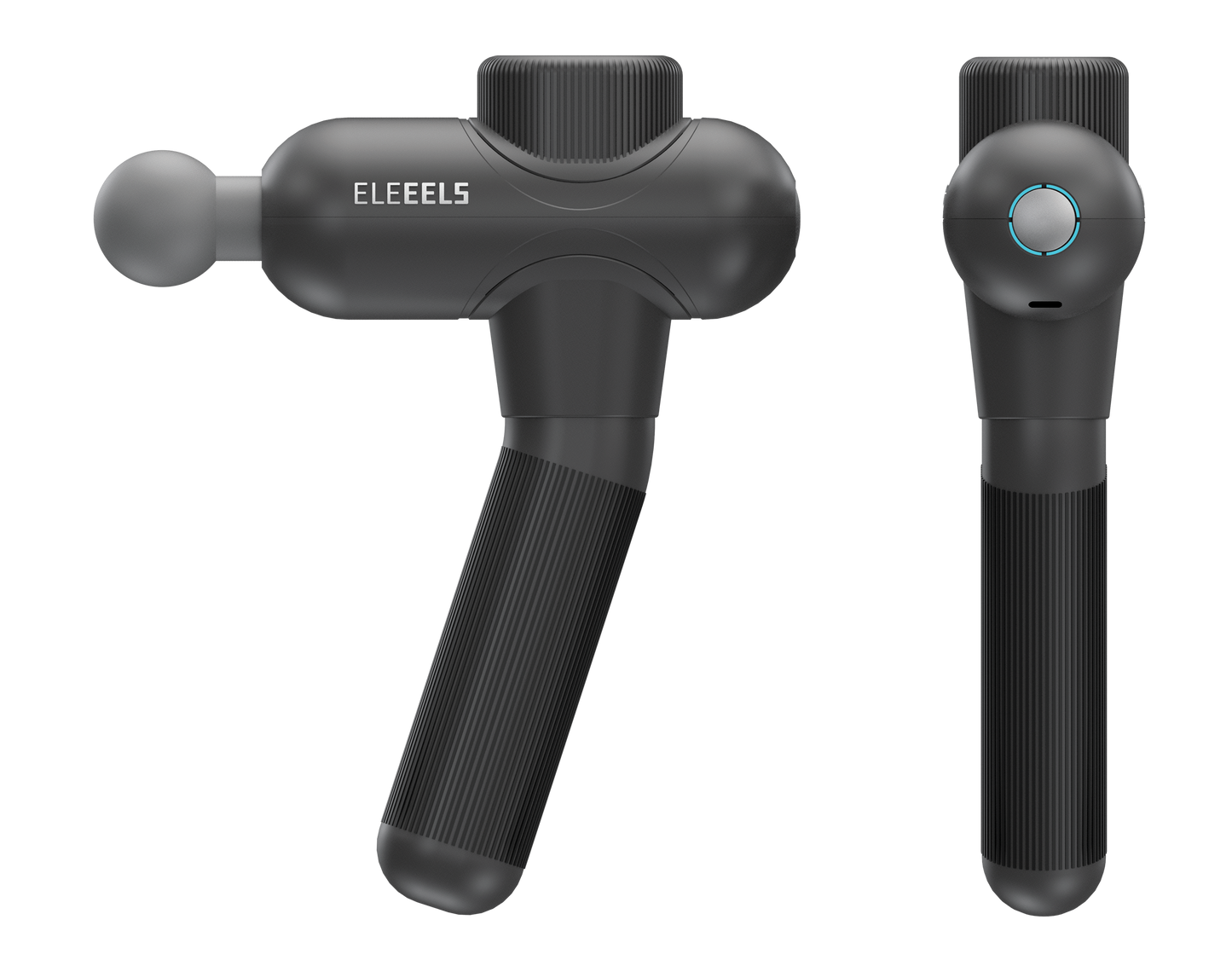 ELEEELS Massagepistole von der Seite und Rückseite – ergonomisches Design mit gummiertem Griff, rundem Massagekopf und LED-Power-Knopf.