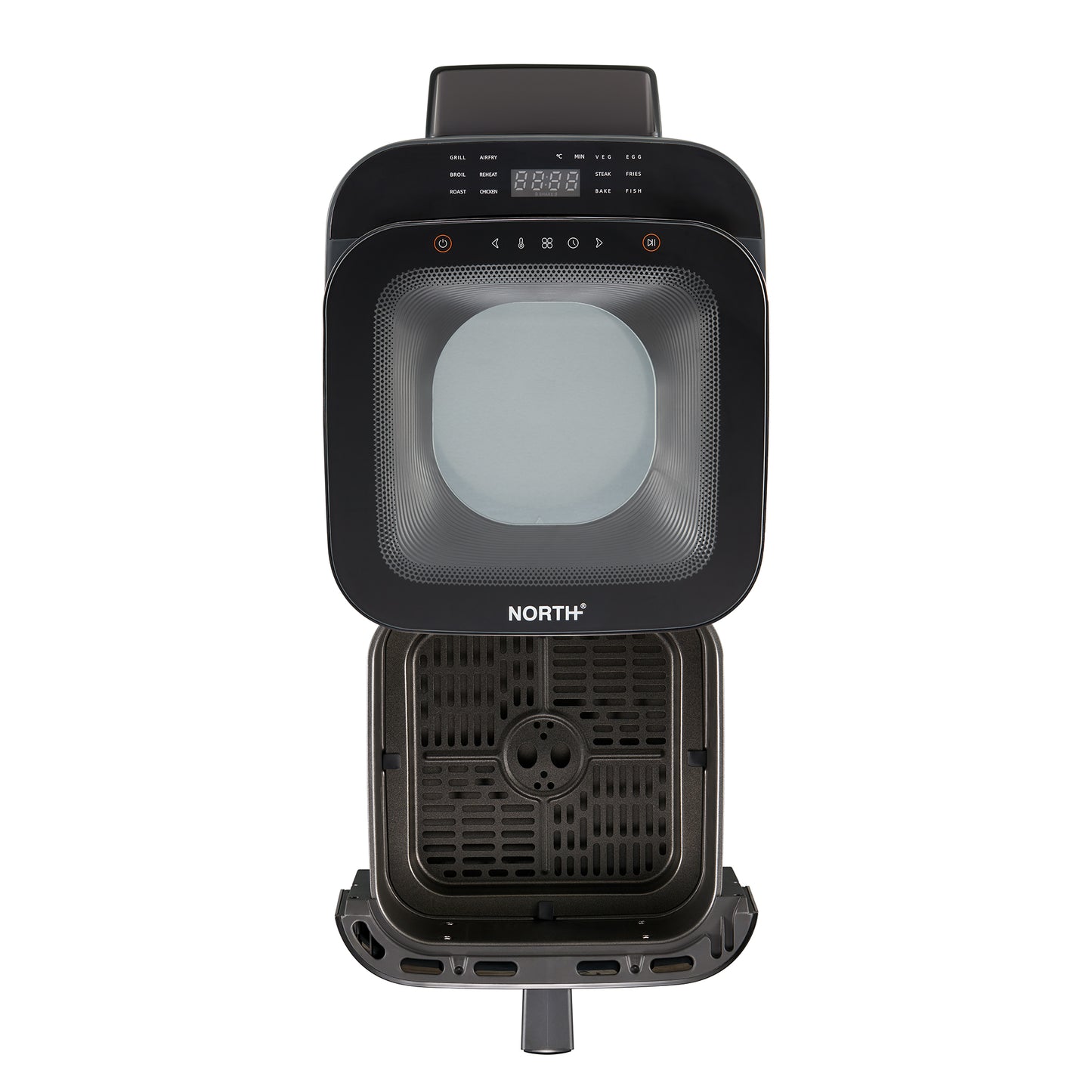Geöffnete NORTH Air Fryer mit herausnehmbarem Korb und Sichtfenster für eine einfache Kontrolle des Garvorgangs