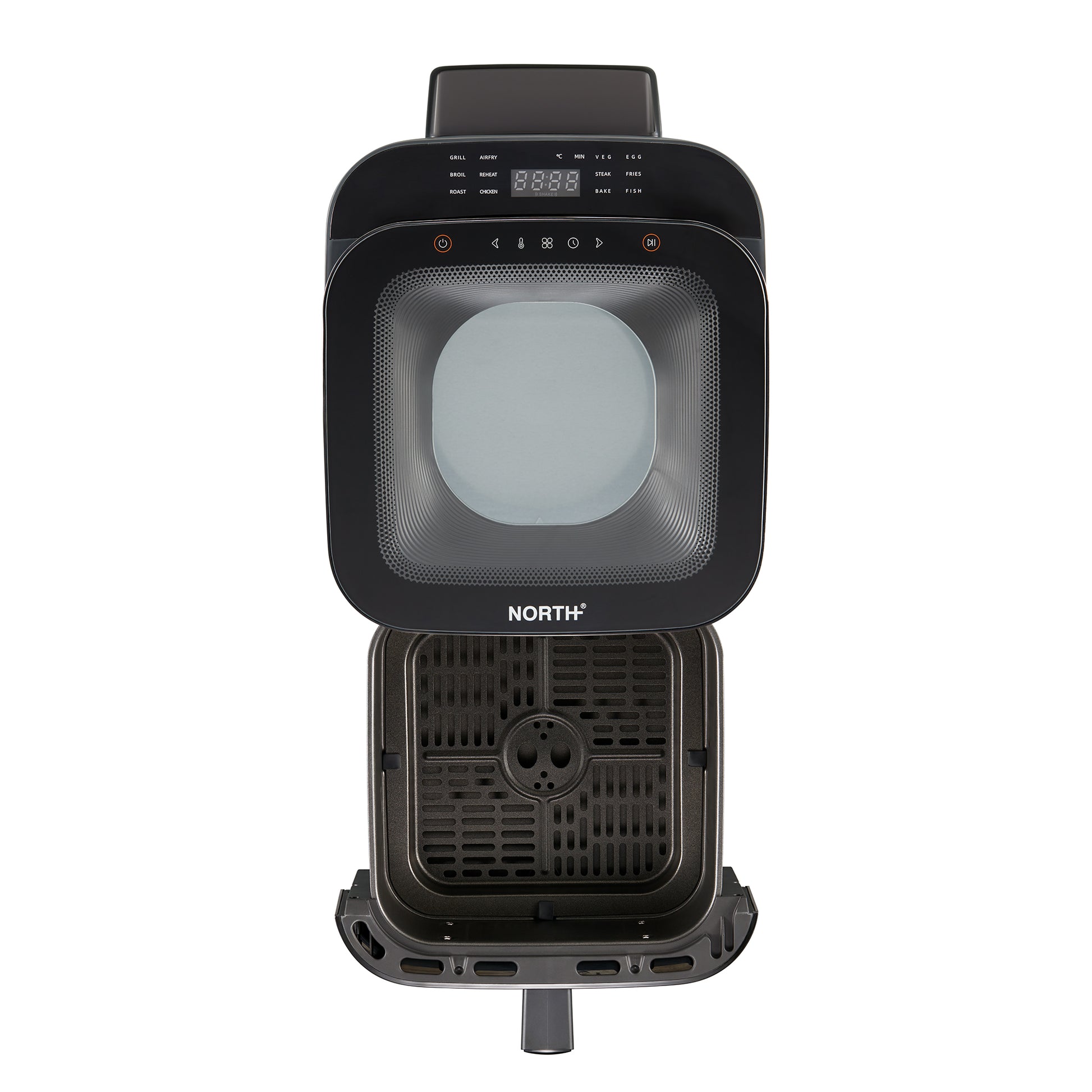 Geöffnete NORTH Air Fryer mit herausnehmbarem Korb und Sichtfenster für eine einfache Kontrolle des Garvorgangs
