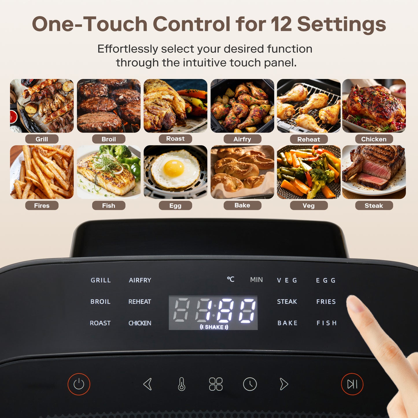 NORTH Air Fryer mit 12 voreingestellten Programmen für Pommes, Steak, Fisch, Gemüse, Hähnchen und Backwaren
