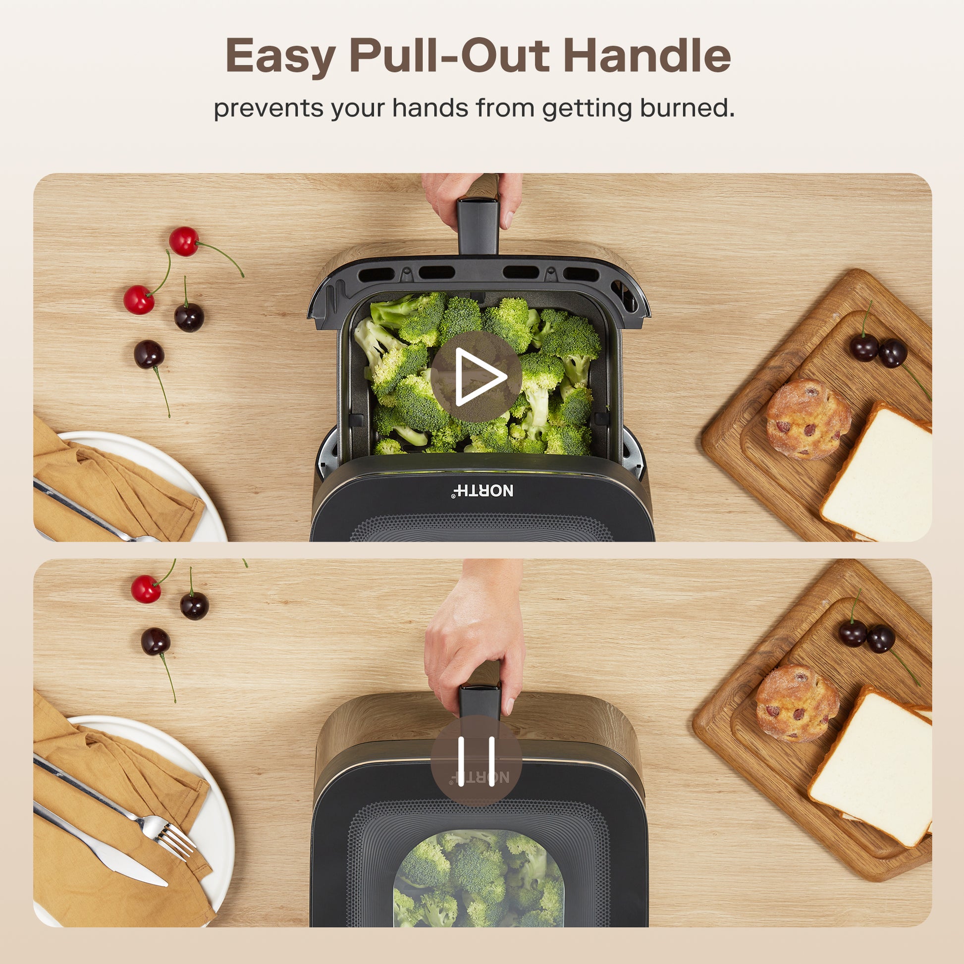 NORTH Air Fryer mit ergonomischem Cool-Touch-Griff und herausnehmbarem Korb für sicheres Handling