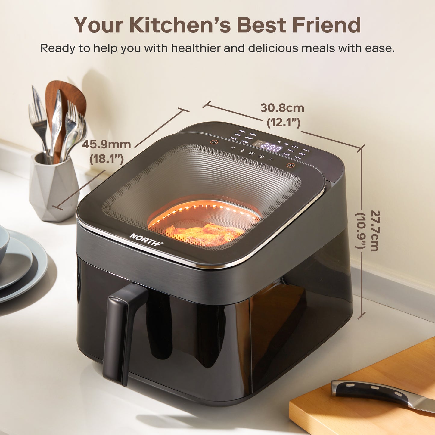 NORTH Air Fryer mit kompakten Abmessungen und großem Garraum für gesunde Mahlzeiten im modernen Küchenalltag