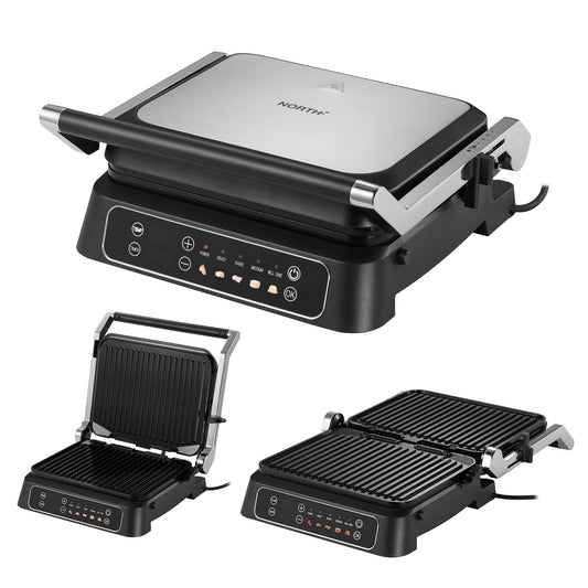 NORTH Kontaktgrill mit digitalem Touchdisplay und 180° Grillfunktion – vielseitiger Elektrogrill für Fleisch, Fisch und Sandwiches

