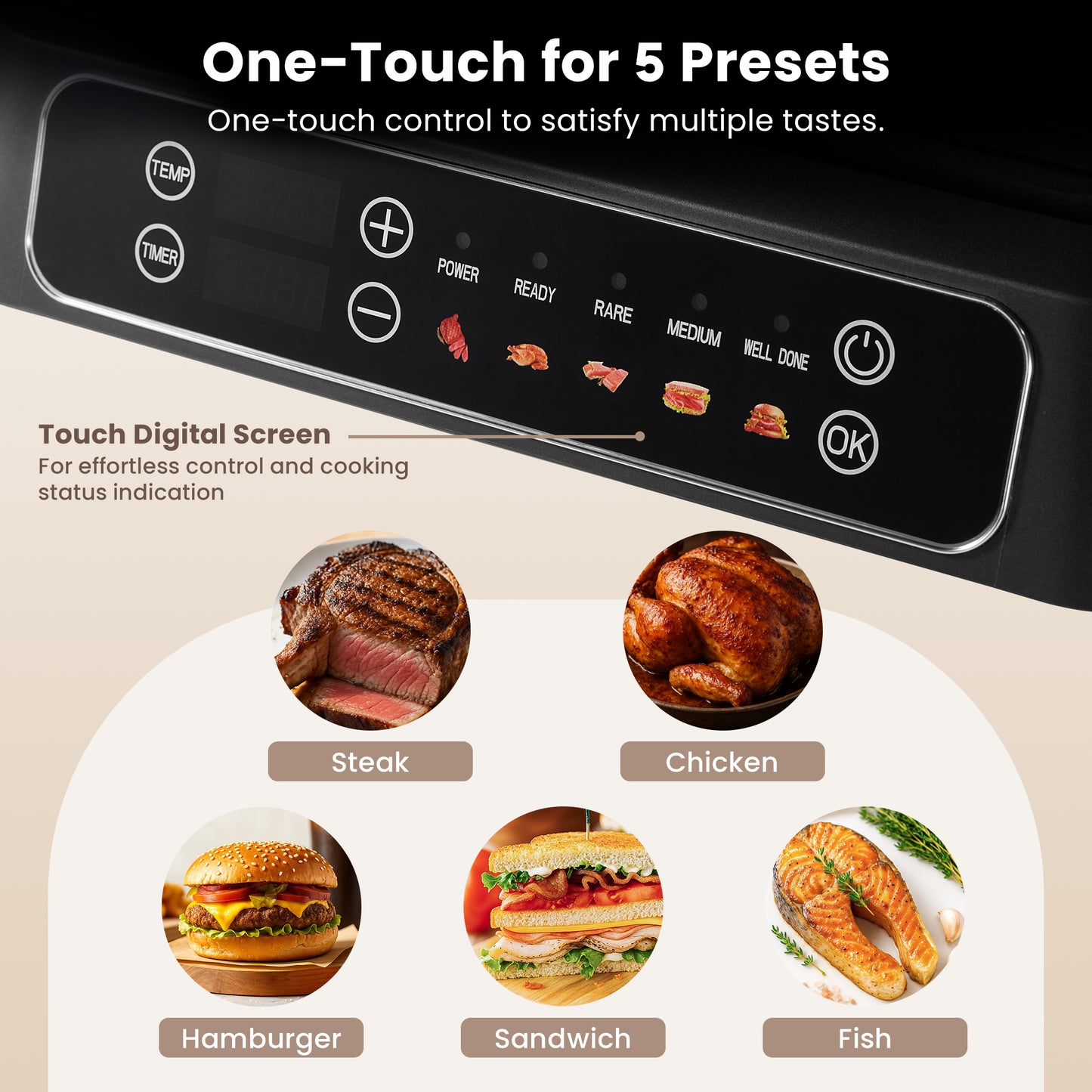 NORTH Kontaktgrill mit 5 voreingestellten Grillprogrammen für Steak, Hähnchen, Burger, Sandwiches und Fisch