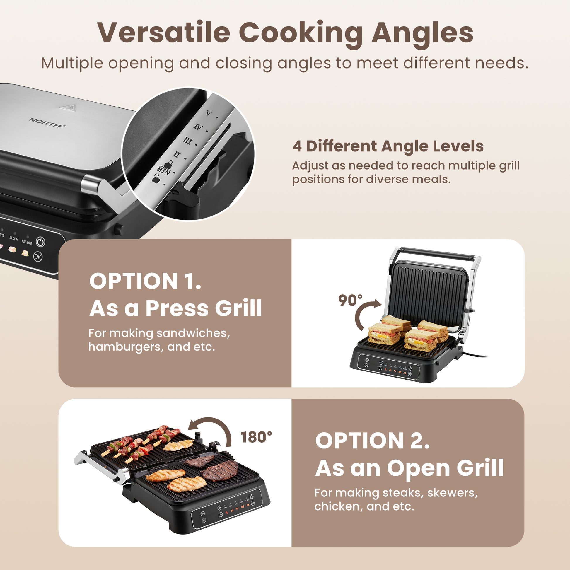 NORTH Kontaktgrill mit 90° und 180° Öffnungswinkel – ideal als Panini-Grill, Sandwichmaker und Tischgrill