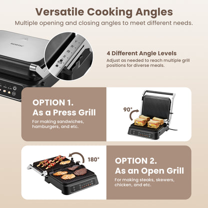 NORTH Kontaktgrill mit 90° und 180° Öffnungswinkel – ideal als Panini-Grill, Sandwichmaker und Tischgrill