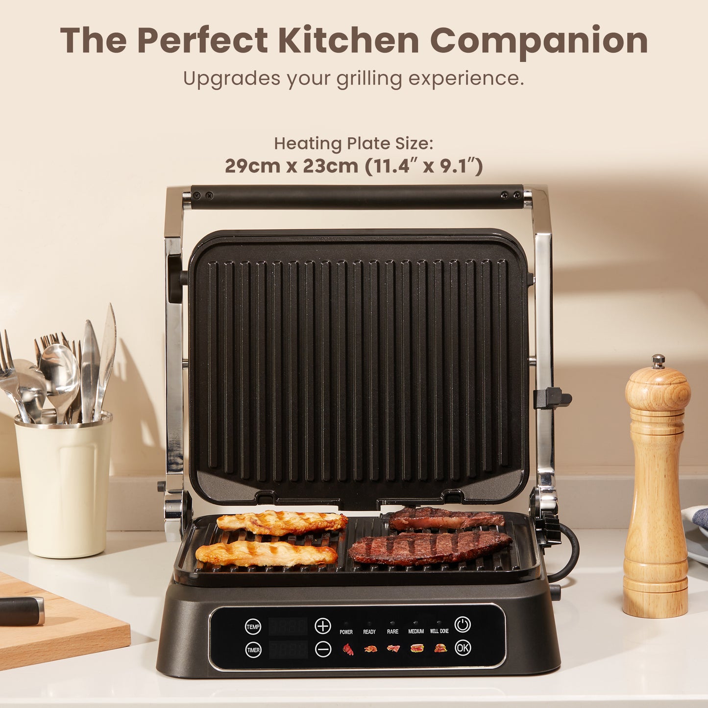 NORTH Kontaktgrill mit großer Grillfläche von 29 x 23 cm – perfekt für Steaks, Geflügel, Gemüse und Paninis