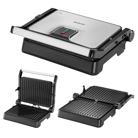 NORTH Kontaktgrill mit 180° Öffnungsfunktion und Antihaft-Grillplatten – vielseitiger Elektrogrill für Fleisch, Fisch und Sandwiches
