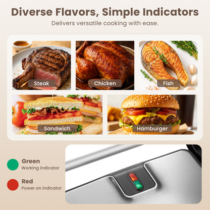 NORTH Kontaktgrill mit Kontrollleuchten für Steak, Hähnchen, Fisch, Burger und Sandwiches – einfache Bedienung für perfekte Grillergebnisse
