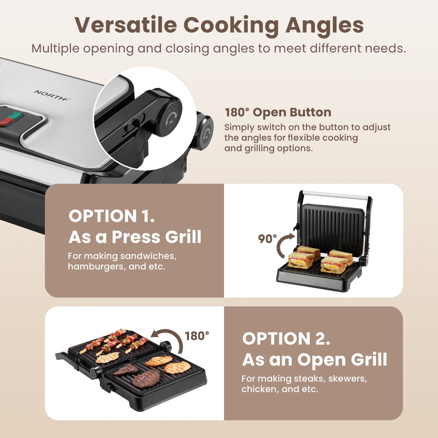 NORTH Kontaktgrill mit 90° Pressgrill- und 180° Tischgrill-Funktion für Paninis, Burger, Steaks und Grillgerichte