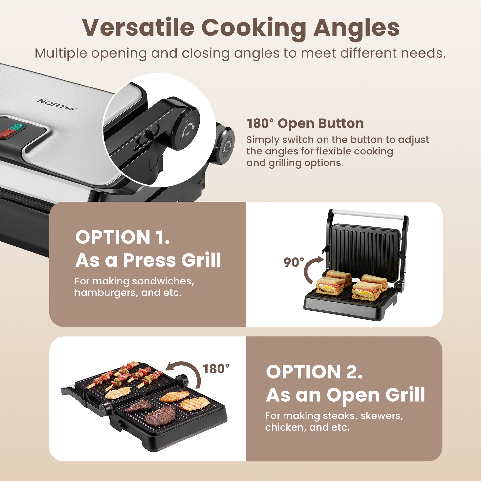 NORTH Kontaktgrill mit 90° Pressgrill- und 180° Tischgrill-Funktion für Paninis, Burger, Steaks und Grillgerichte