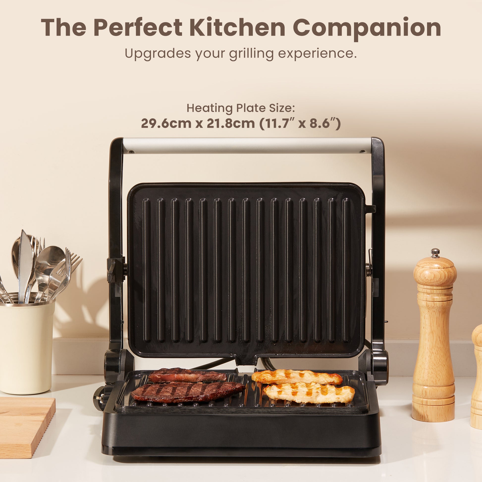 NORTH Kontaktgrill mit großer Grillfläche von 29,6 x 21,8 cm – ideal für Steaks, Geflügel, Gemüse und Grillkäse