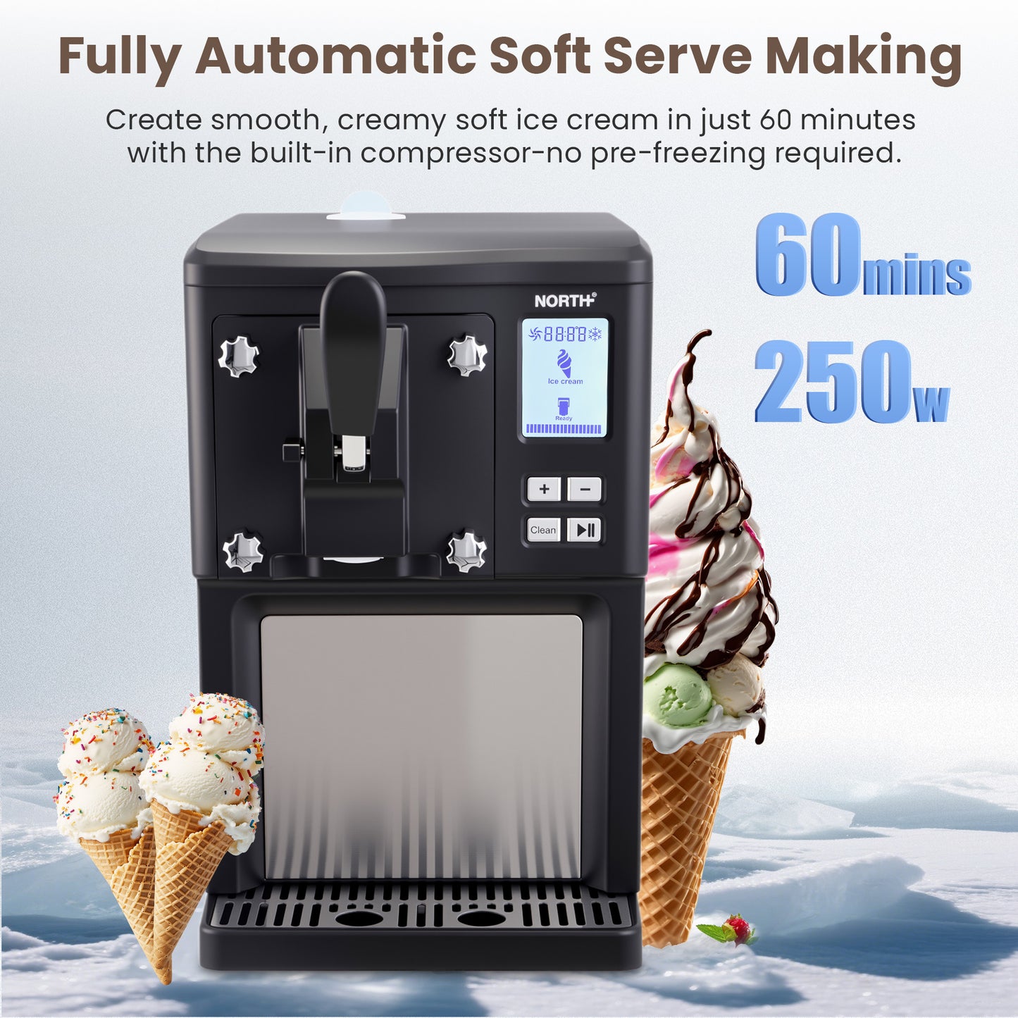 NORTH Soft Serve Eismaschine mit 250 Watt Kompressor – frisches Softeis in nur 60 Minuten ohne Vorkühlen zubereiten