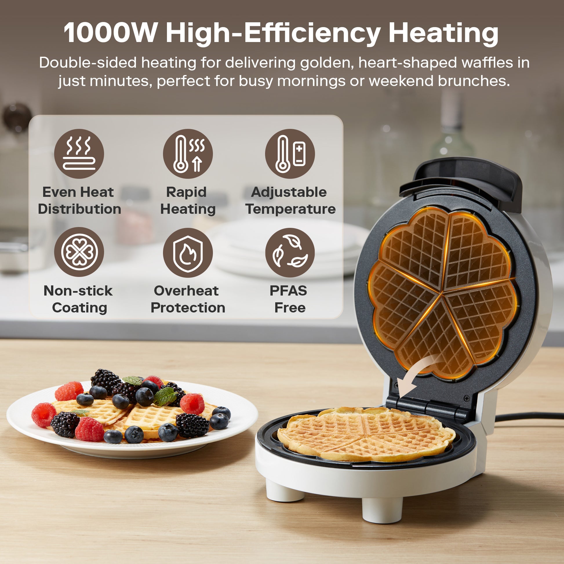 NORTH Herzwaffeleisen mit 1000 Watt Leistung, Antihaftbeschichtung und beidseitiger Wärmeverteilung für gleichmäßige Waffeln