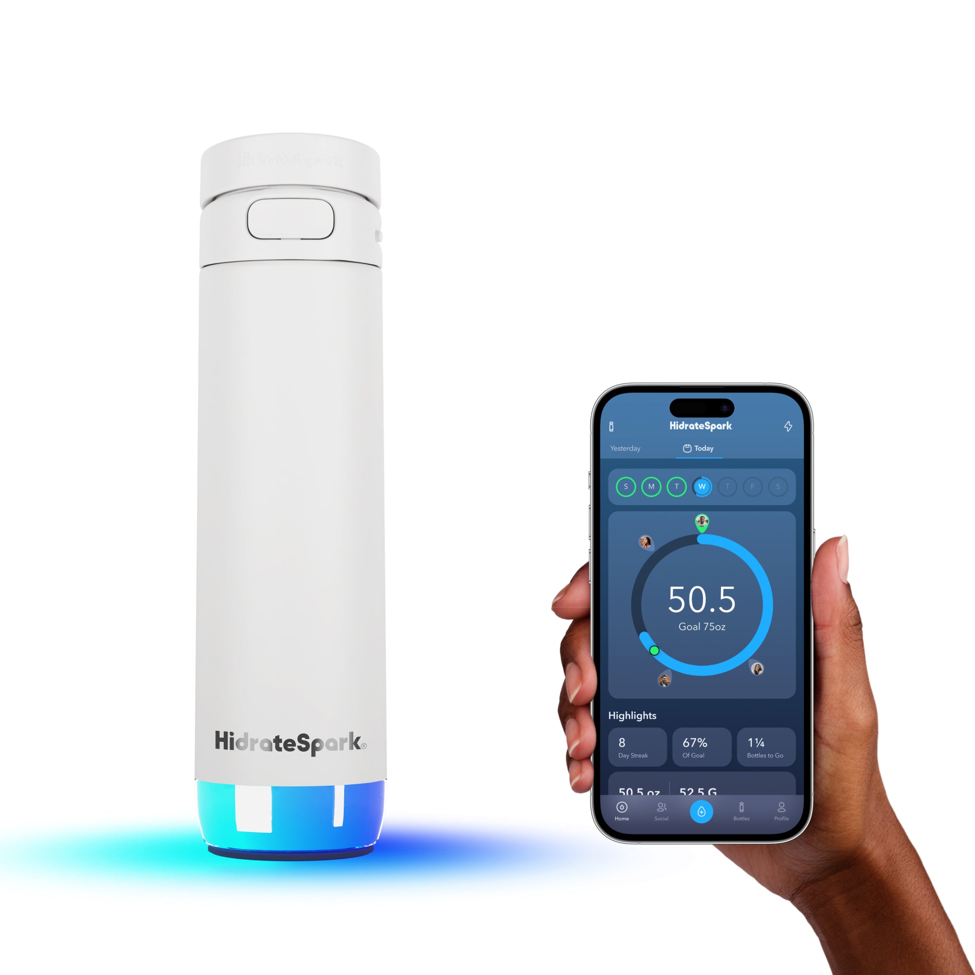 Weiße HidrateSpark PRO 2 Trinkflasche mit LED-Leuchtring neben Smartphone mit Hydration-Tracking-App