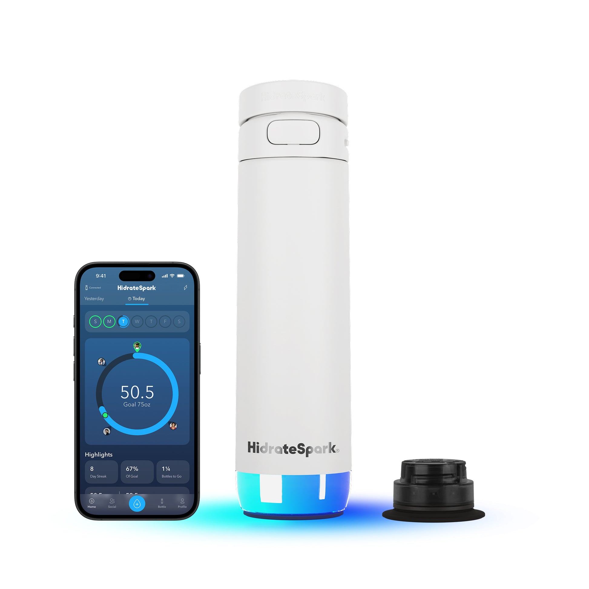 Weiße HidrateSpark PRO 2 Smart Bottle mit Chug-Deckel und App zur Messung der Wasseraufnahme