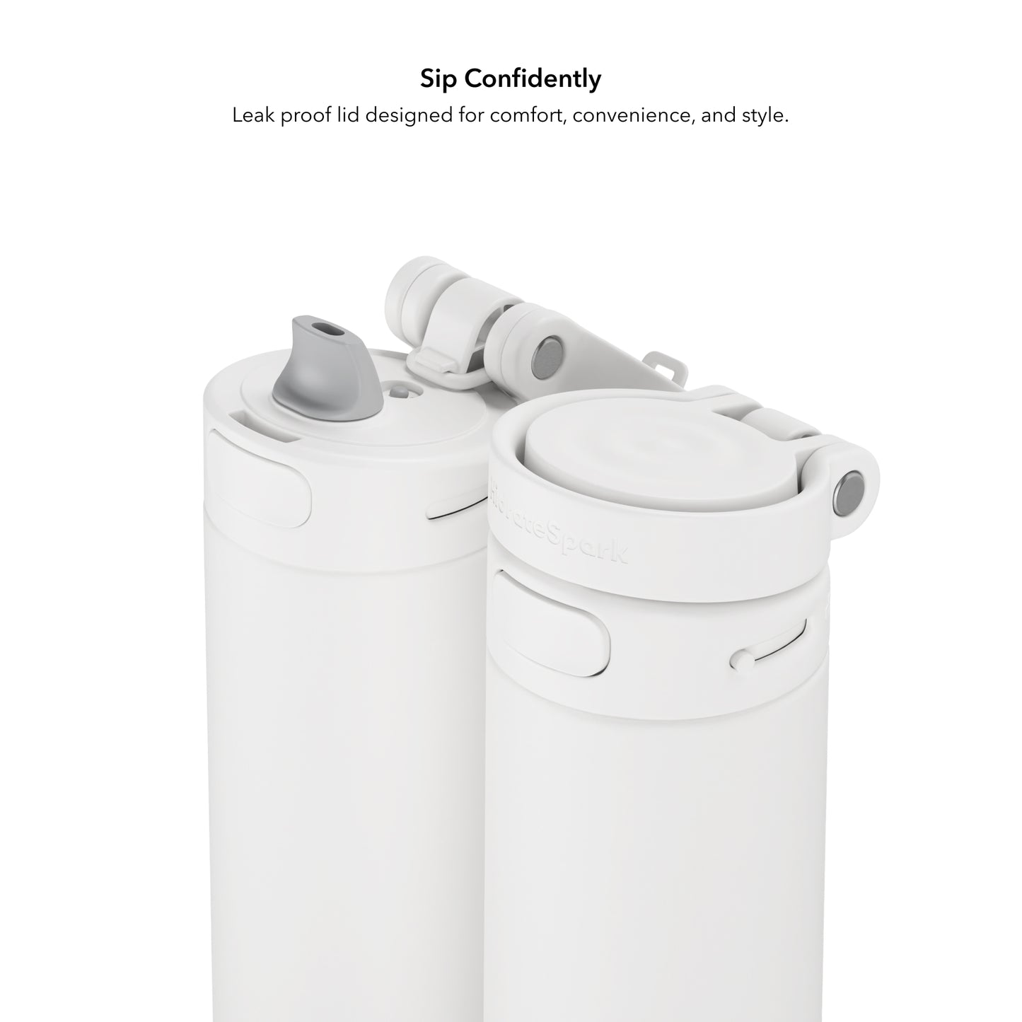 Zwei weiße HidrateSpark PRO 2 Trinkflaschen mit Chug- und Straw-Deckel im Vergleich