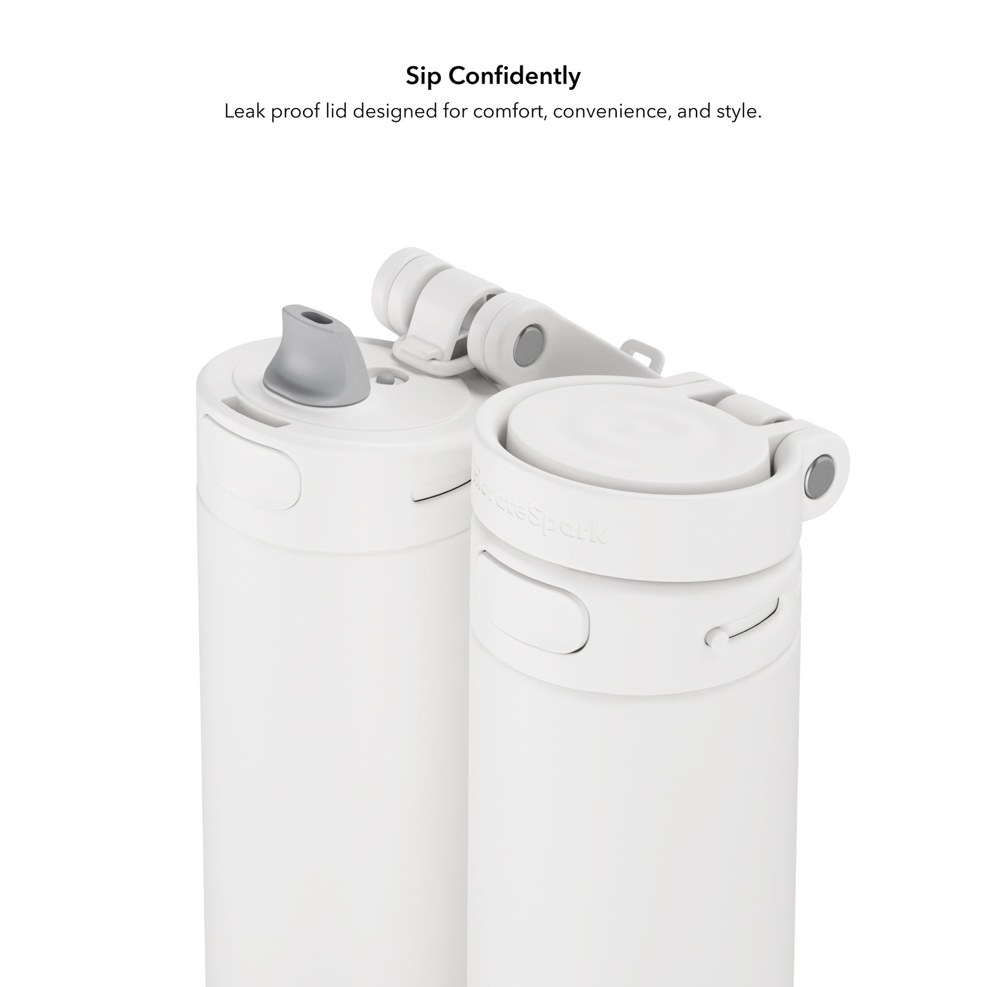 Zwei weiße HidrateSpark PRO 2 Trinkflaschen mit Chug- und Straw-Deckel im Vergleich