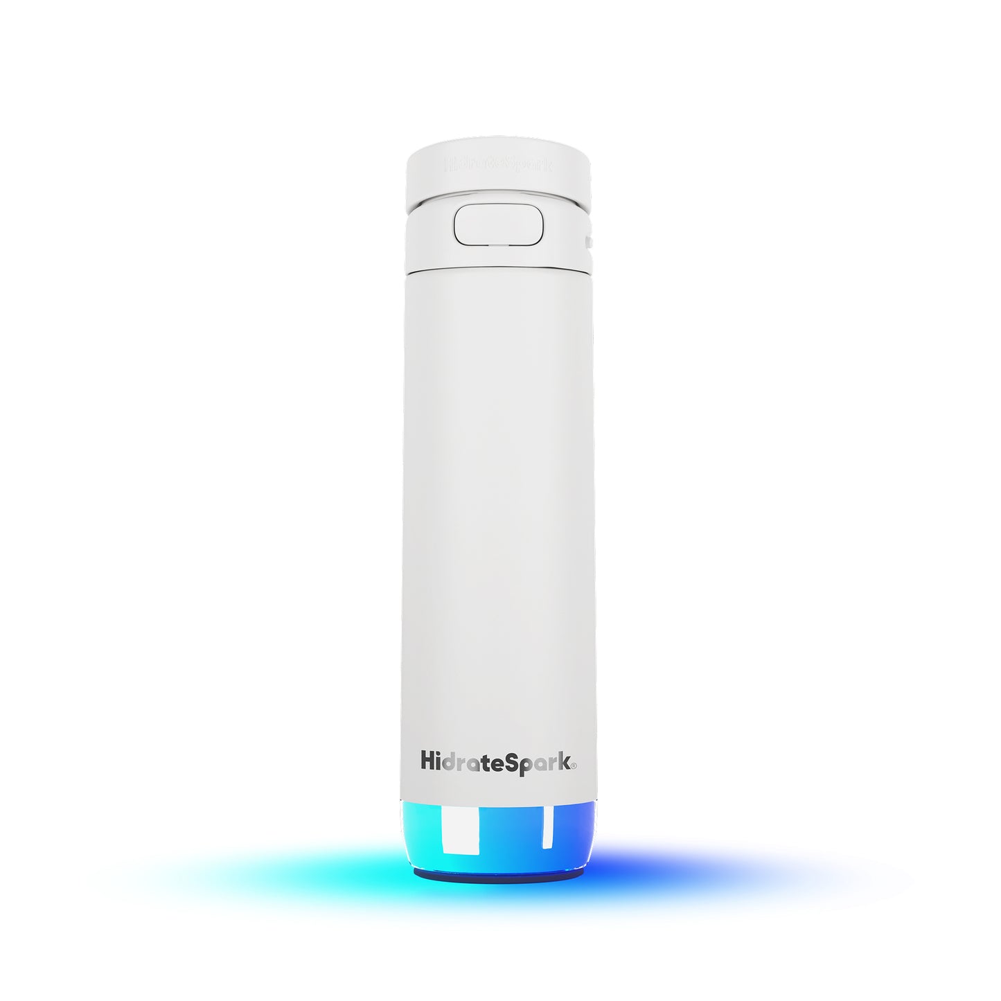 Weiße HidrateSpark PRO 2 Smart Bottle mit leuchtendem LED-Boden auf weißem Hintergrund