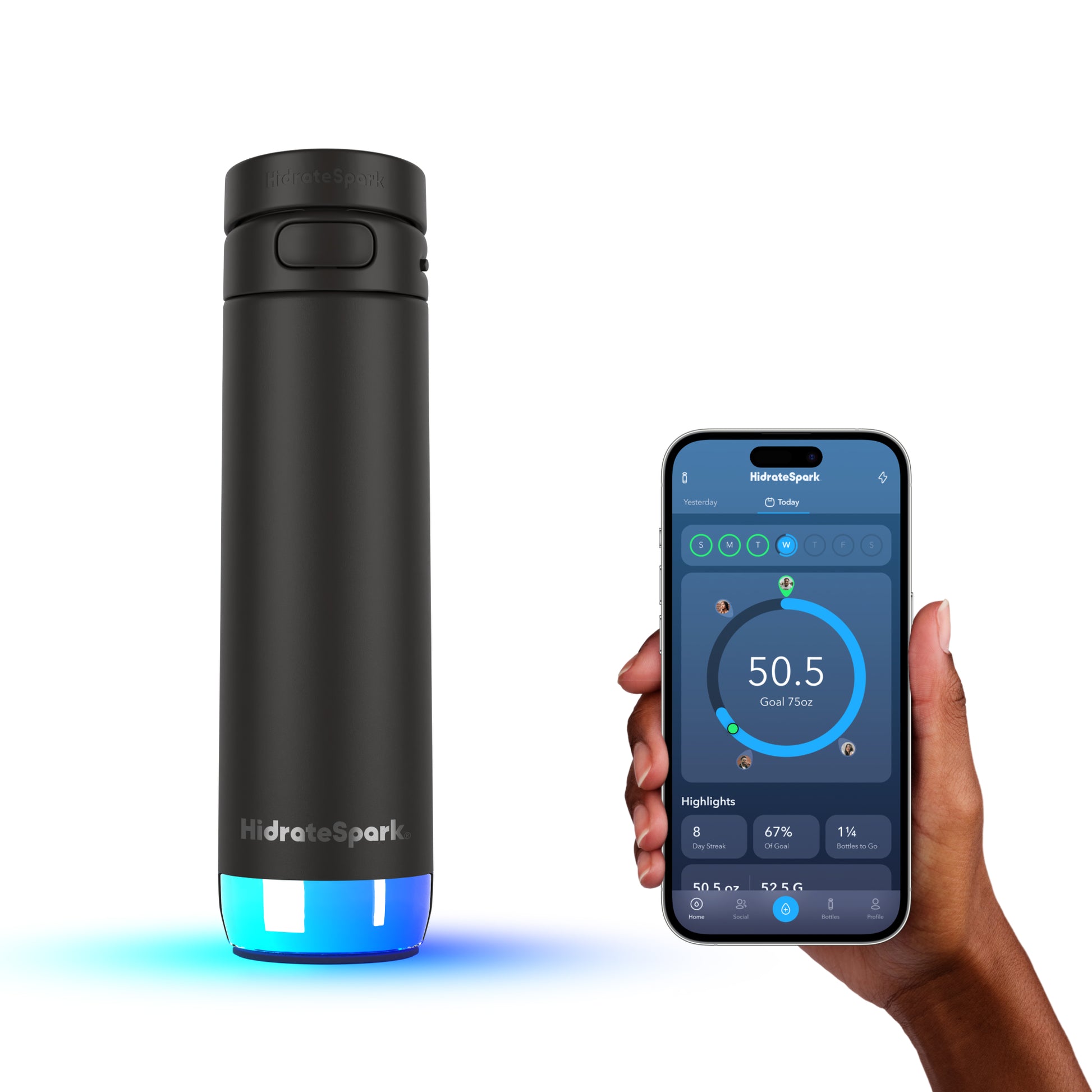 HidrateSpark PRO 2 in Schwarz mit Smartphone-App in Hand – Trinkerinnerung sichtbar
