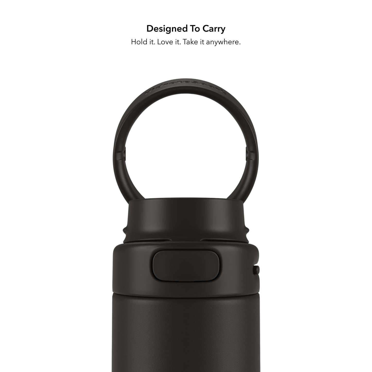 Schwarze HidrateSpark PRO 2 mit aufgerichtetem Ringgriff – Detailaufnahme