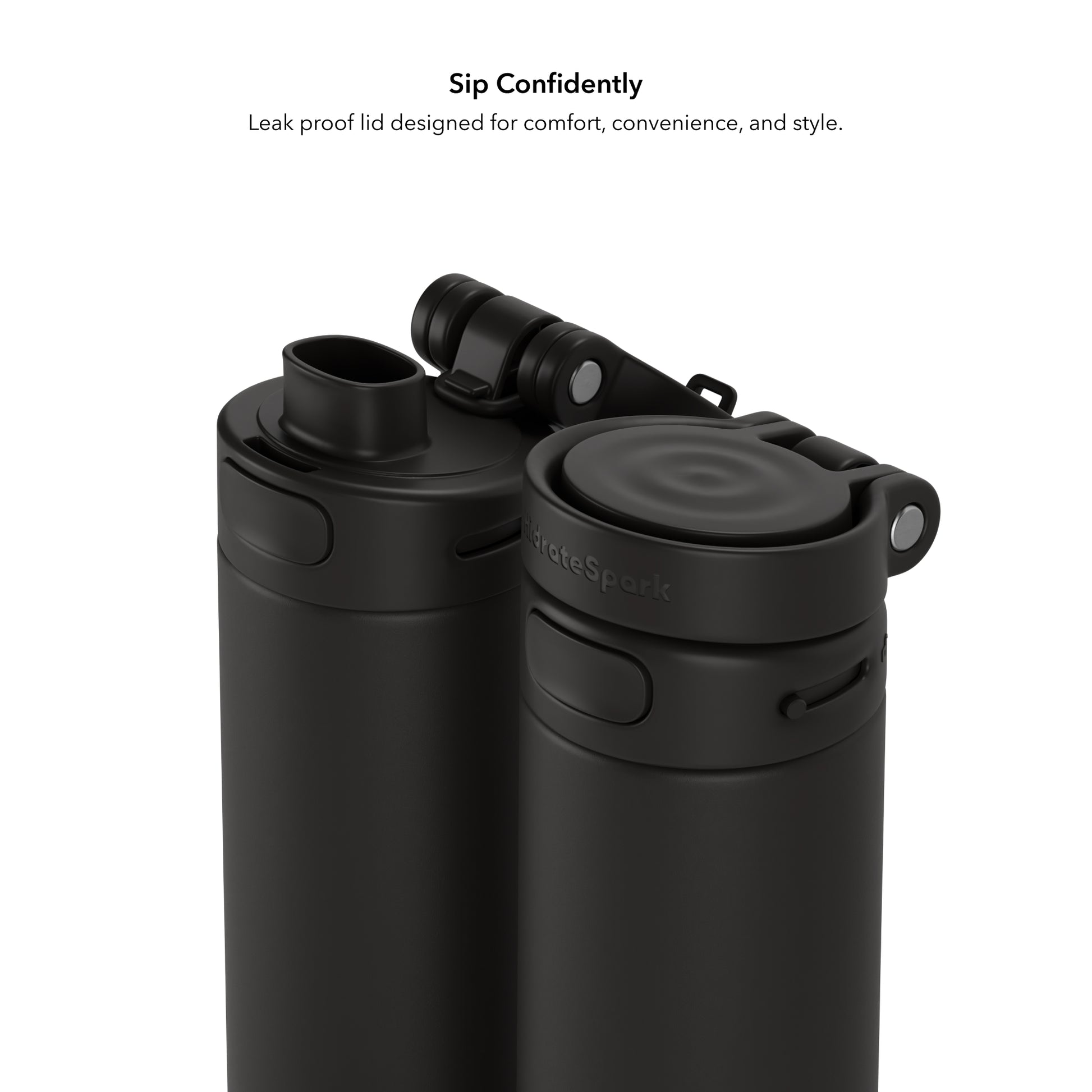 Zwei schwarze HidrateSpark PRO 2 mit Chug-Deckel – geöffnet und geschlossen im Vergleich