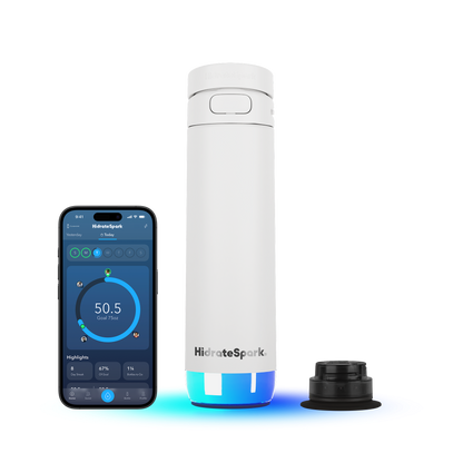 HidrateSpark PRO 2 Smart Bottle in Weiß mit App-Anzeige, Chug-Verschluss und LED-Tracking-Basis