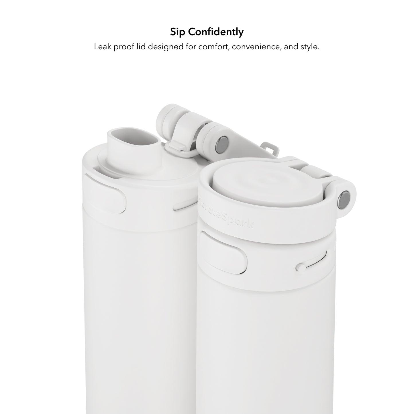 Zwei HidrateSpark PRO 2 Trinkflaschen in Weiß mit Chug-Verschluss, eine geöffnet, eine geschlossen – auslaufsicher & stylisch