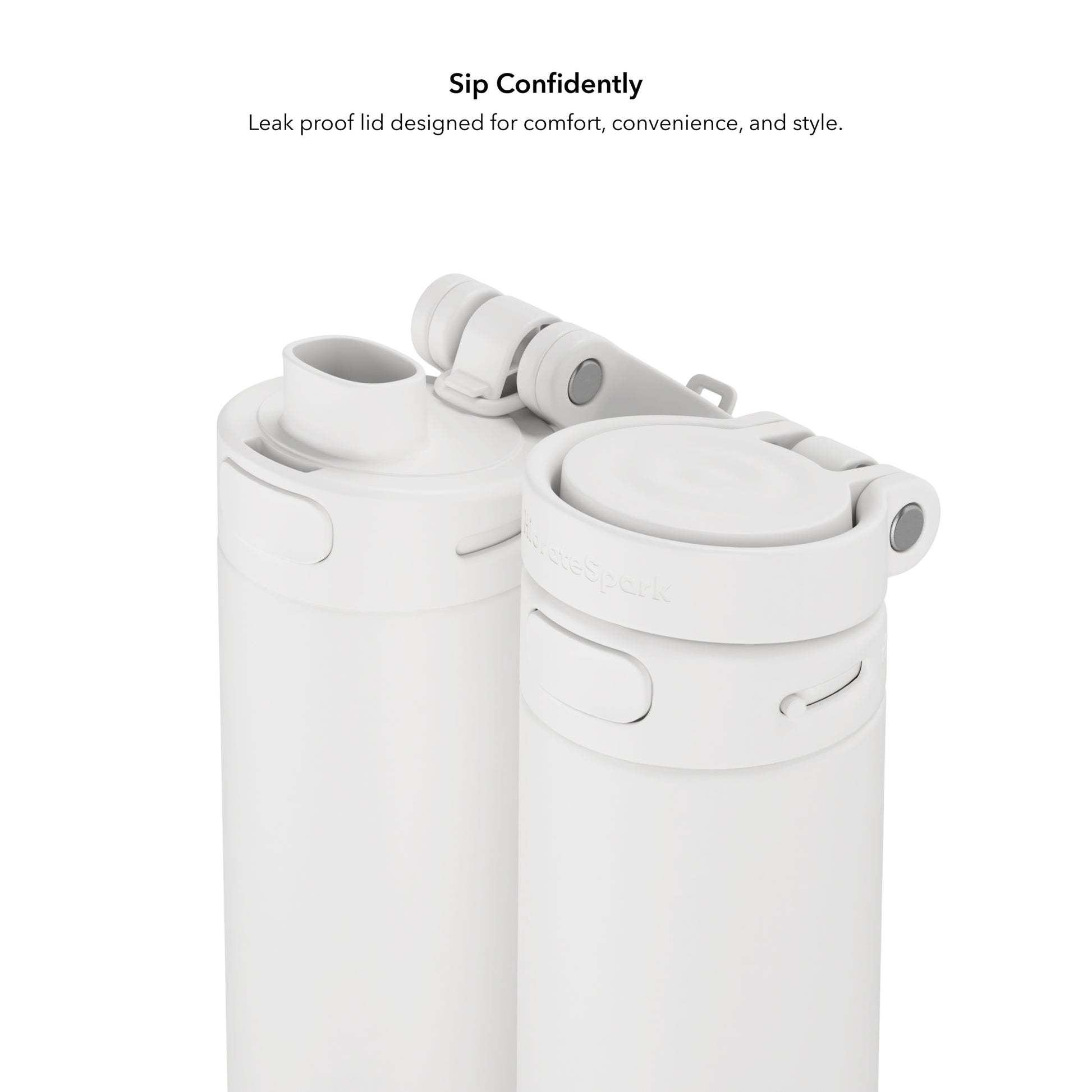 Zwei HidrateSpark PRO 2 Trinkflaschen in Weiß mit Chug-Verschluss, eine geöffnet, eine geschlossen – auslaufsicher & stylisch