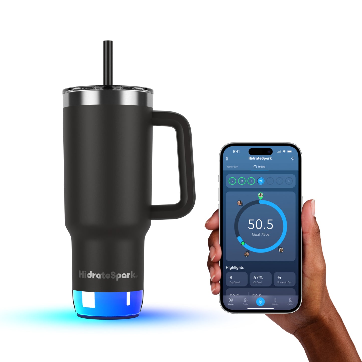 Schwarzer HidrateSpark Tumbler mit Smartphone – App-Anbindung