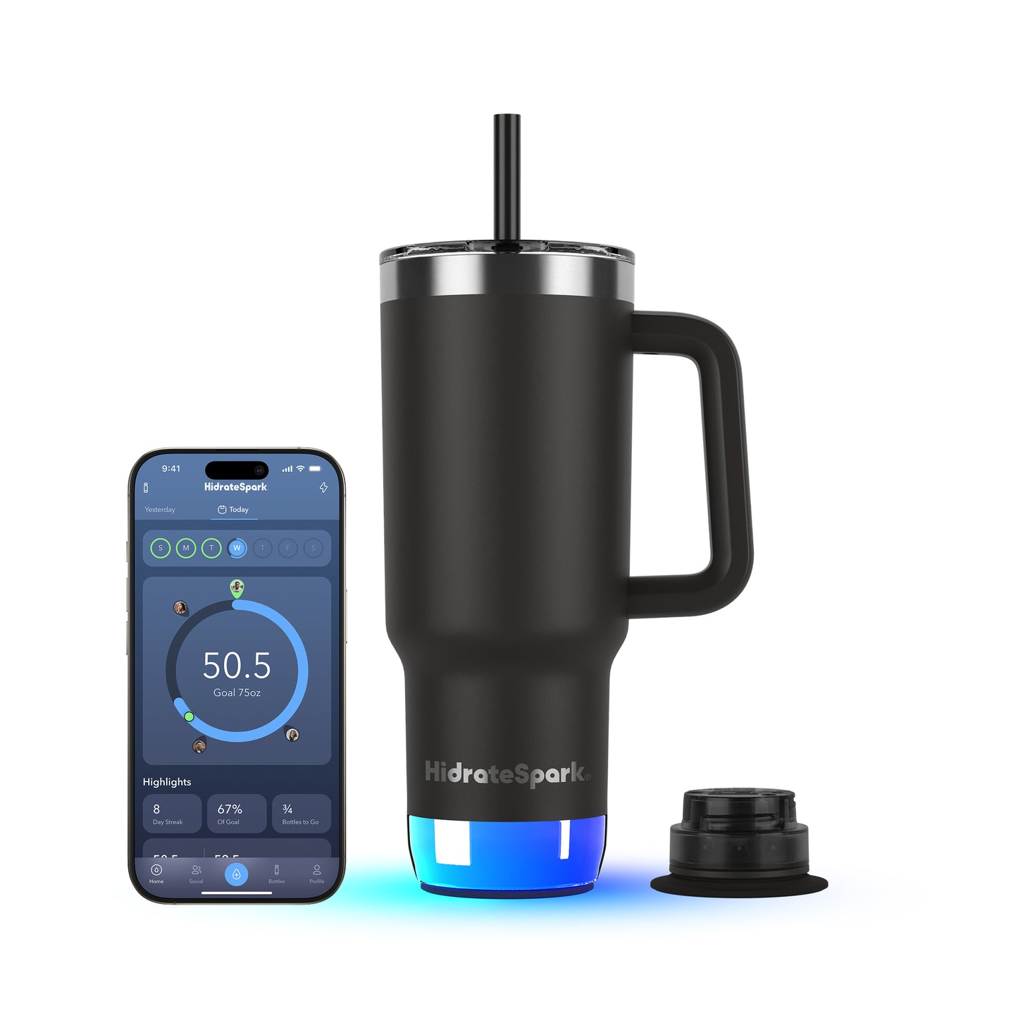 Tumbler Schwarz mit Smartphone und extra Verschluss – HidrateSpark PRO 2