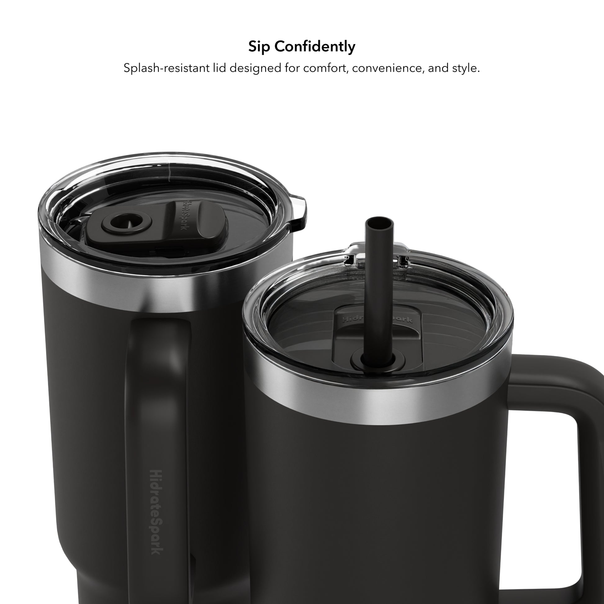 Zwei schwarze HidrateSpark Tumbler mit Chug- und Straw-Verschluss