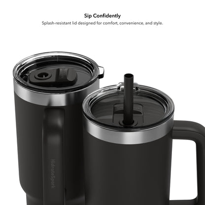 Zwei schwarze HidrateSpark Tumbler mit Chug- und Straw-Verschluss