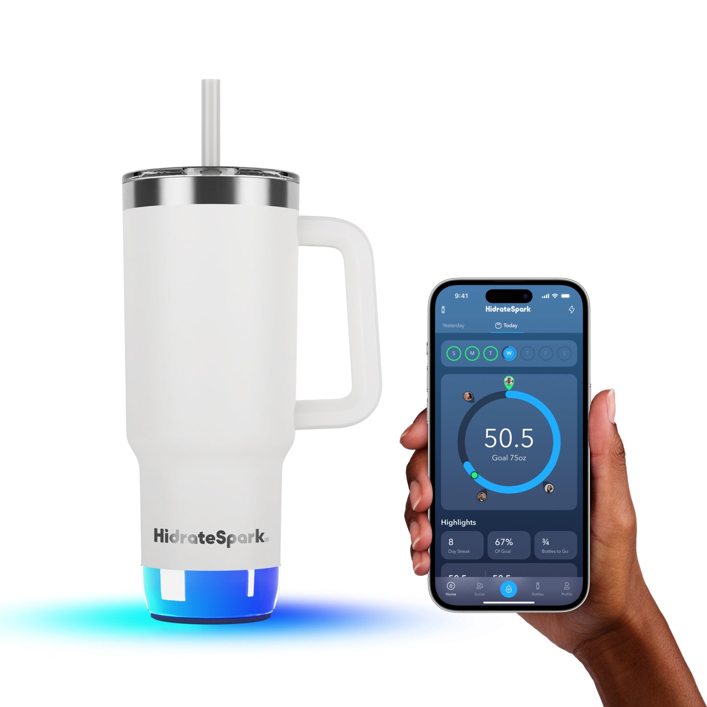 Weißer 30oz Tumbler mit Smart-Tracking-App zur Trinkmengen-Analyse via Bluetooth