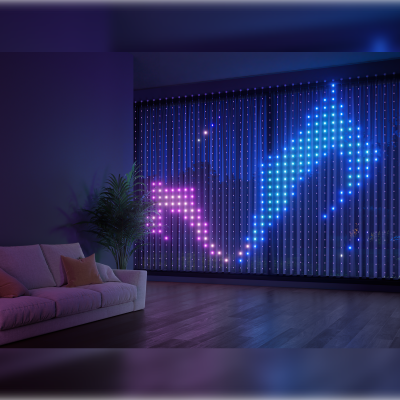 Yeelight LED Lichtervorhang im Wohnzimmer – farbige RGB Lichtanimation als dekorative Fensterbeleuchtung