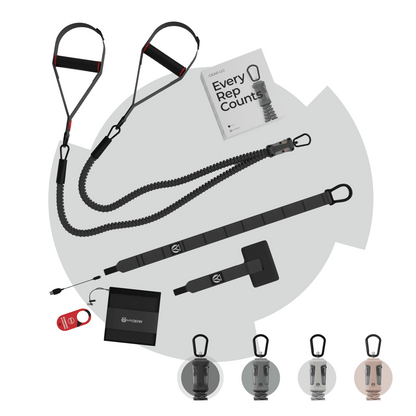Das habeats by HYGEAR BAND GEAR GO Widerstandsband-Set mit Hauptband, zwei Griffen, einer Türhalterung, einer Knöchelmanschette, einer Aufbewahrungstasche und der Verpackung.
