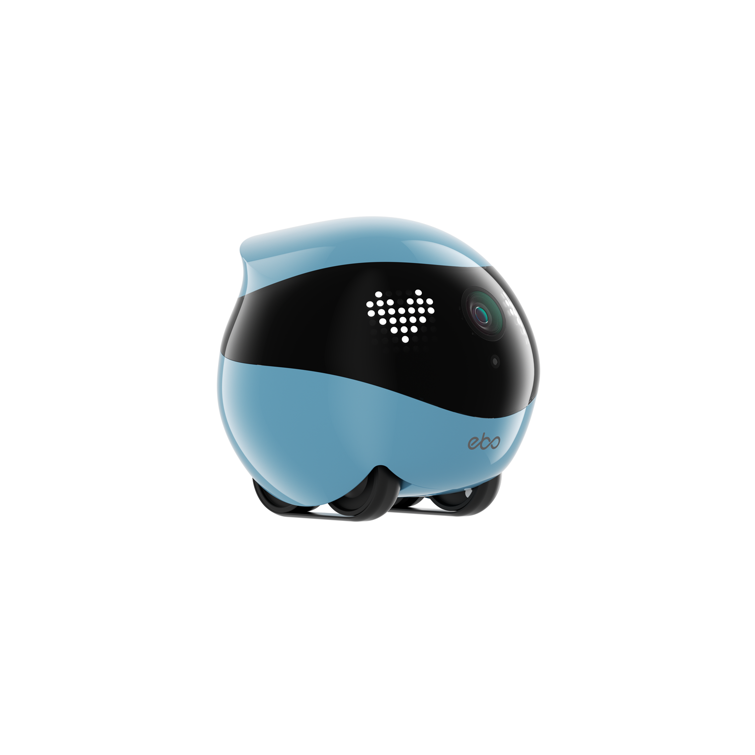 EBO Air 2 Jay Blue – Seitenansicht des smarten Haustierroboters mit Kamera, LED-Herzaugen und Rollen, in Blau-Schwarz