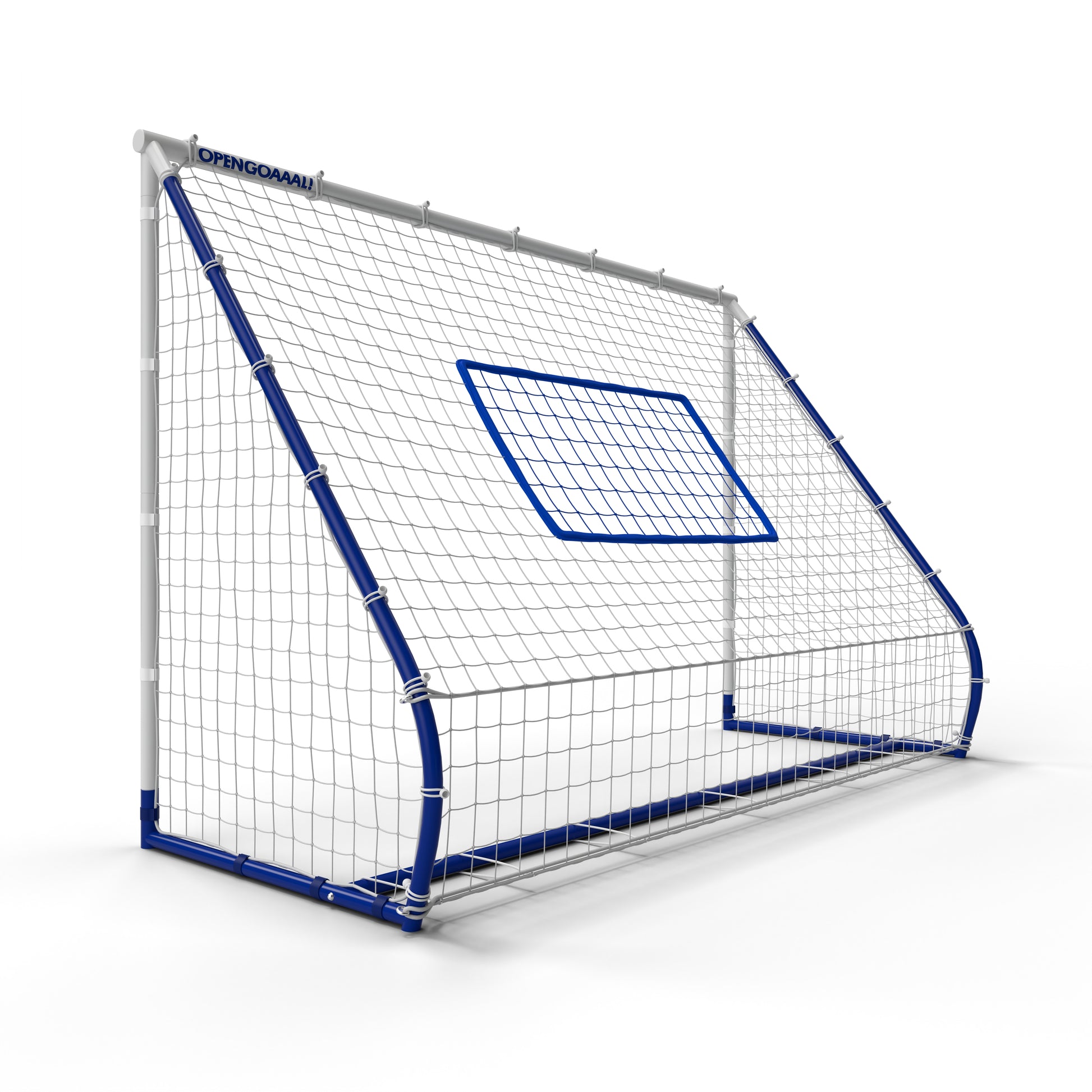 Seitliche Ansicht des Open Goaaal Fußballtors mit Rebounder – kombiniert Tor, Rückprallwand und Schutznetz für perfektes Training im heimischen Garten.