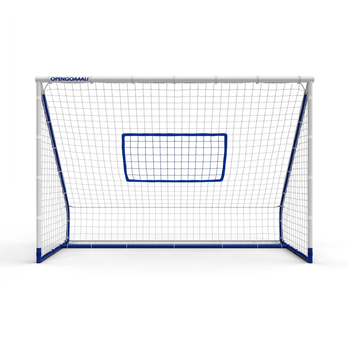 Fußballtor von Open Goaaal mit integriertem Rebounder und Schutznetz – ideal für präzises Torschusstraining im Garten ohne verlorene Bälle.
