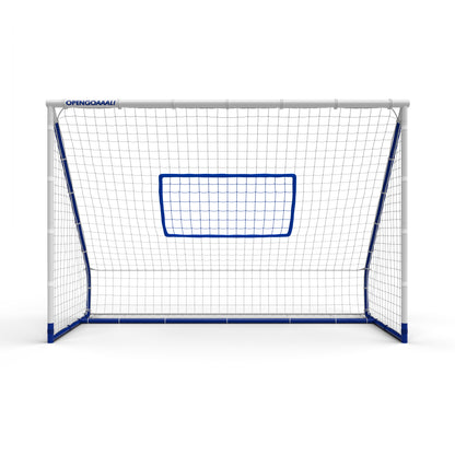 Fußballtor von Open Goaaal mit integriertem Rebounder und Schutznetz – ideal für präzises Torschusstraining im Garten ohne verlorene Bälle.