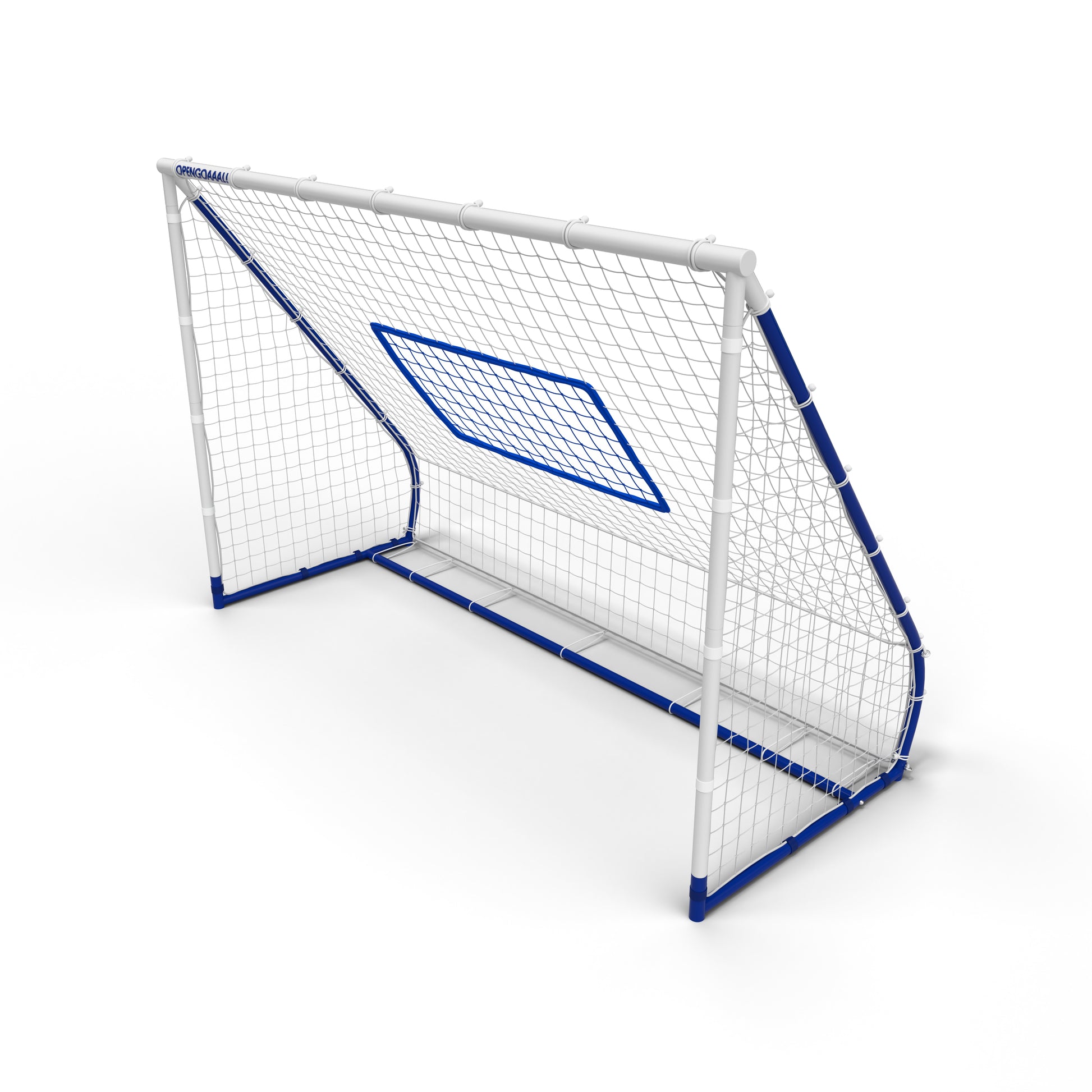 Schräg-Ansicht des Open Goaaal 3in1 Rebounders – Fußballtor, Rückprallfläche und Fangnetz in einem für effizientes und platzsparendes Heimtraining.