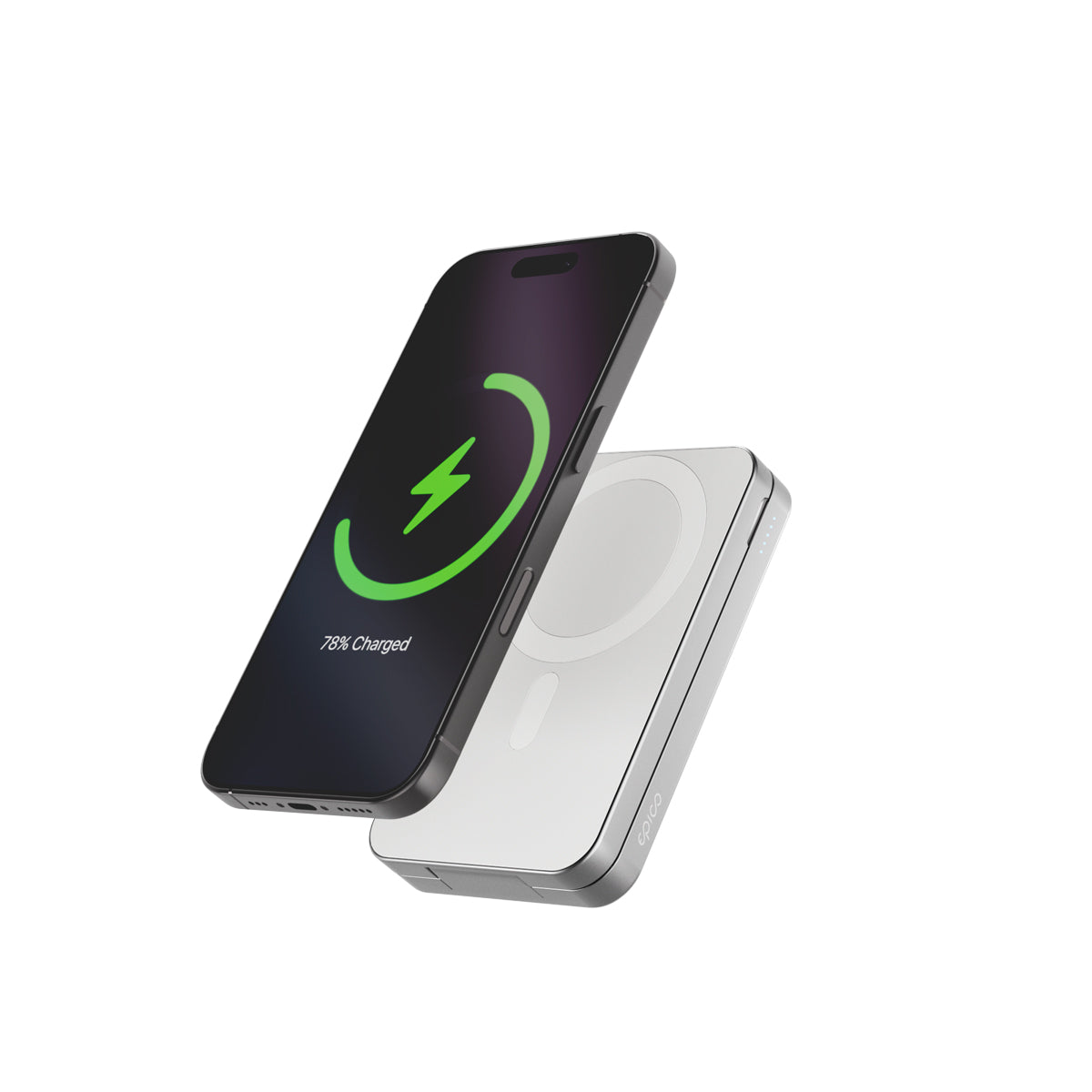 Epico UltraBase 4in1 Fold Power Bank EF50 – 8000mAh klappbare Powerbank mit MagSafe-Ladestation in Weiß mit iPhone