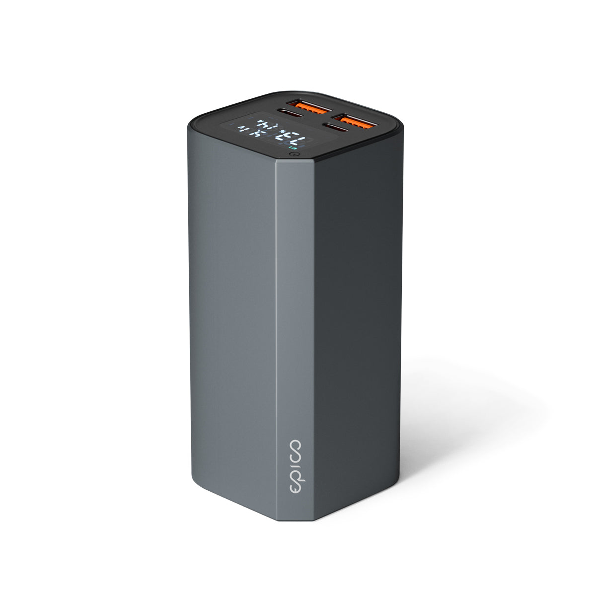 Epico Aluminium Power Bank 20000mAh – Hochleistungs-Powerbank mit USB-C PD 100 W, 4 Anschlüssen und LED-Display, Space Grey, stehend