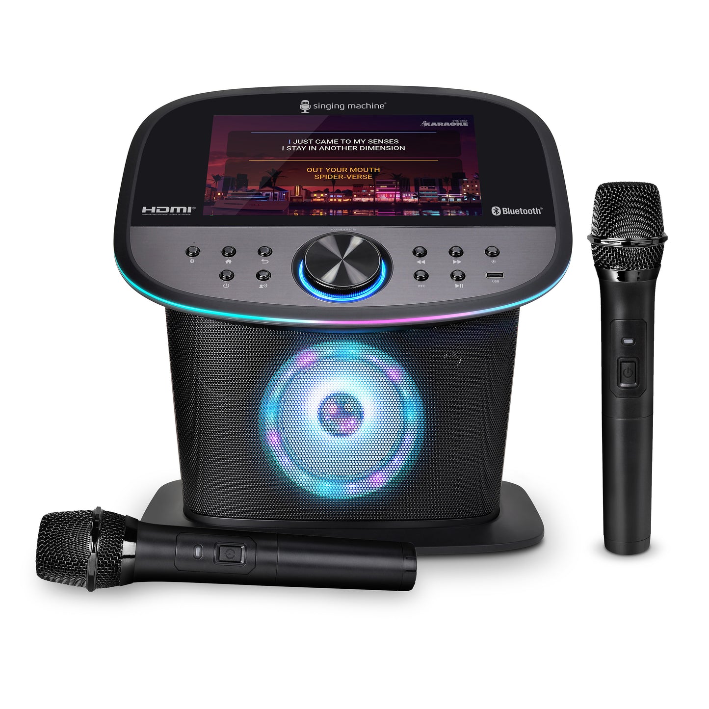 Singing Machine ISM9011 Karaoke-System mit Touchscreen, Bluetooth, LED-Lichteffekten und zwei kabellosen Mikrofonen