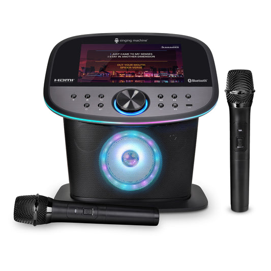 Singing Machine ISM9011 Karaoke-System mit Touchscreen, Bluetooth, LED-Lichteffekten und zwei kabellosen Mikrofonen